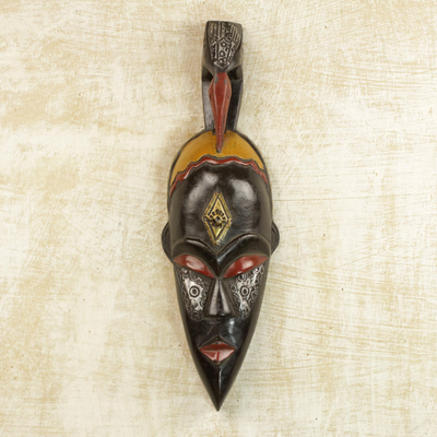 African wood mask, 'Abokin Tsuntsu' - Handmade Sese Wood African Mask with Bird from Ghana