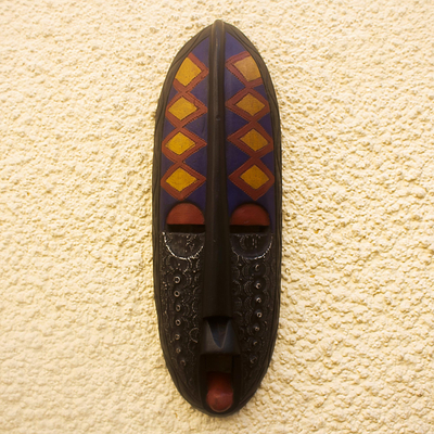 African wood mask, 'Ebore Nesa' - African Artisan Crafted Wall Mask with Embossed Aluminum