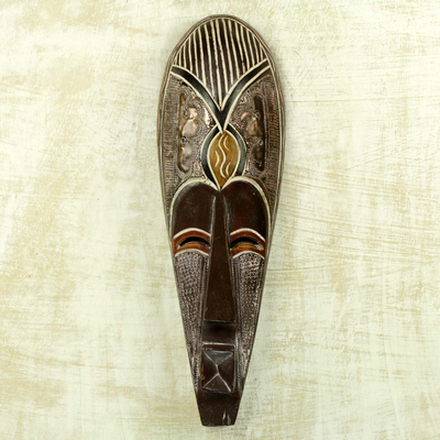 African wood mask, 'Da Papa' - Akan Greeting Wall Mask Hand Crafted African Wood Wall Art