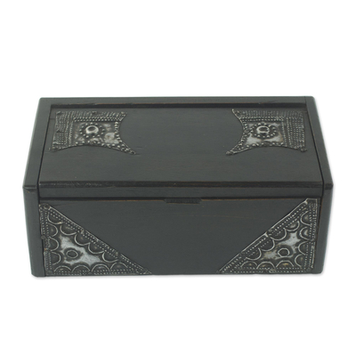 Wood decorative box, 'Sika Korkoo Kwarbia I' - Hand-Carved Wood West African Box with Aluminum Trim