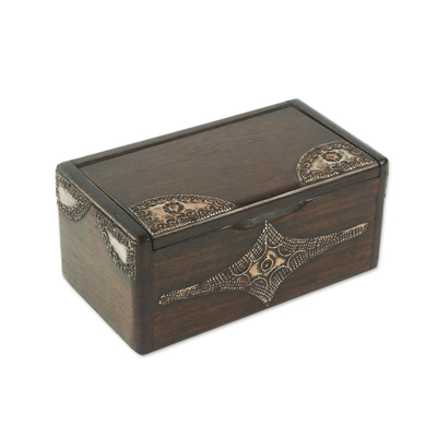 Wood decorative box, 'Sika Korkoo Kwrabia in Brown' - Decorative Wood Box with aluminium from West Africa