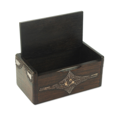Wood decorative box, 'Sika Korkoo Kwrabia in Brown' - Decorative Wood Box with aluminium from West Africa