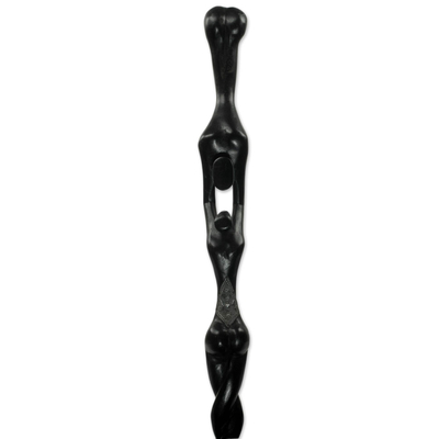 Sese wood walking stick, 'Aketesia' - Acrobats Decorative Africa Walking Stick Carved by Hand