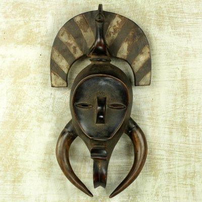 African wood mask, 'Baule Elephant' - African Royal Baule Elephant Walk Mask Crafted by Hand