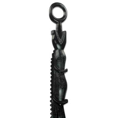 Sese wood walking stick, 'Fierce Denkyem' - Decorative Africa Walking Stick Carved by Hand as Crocodile