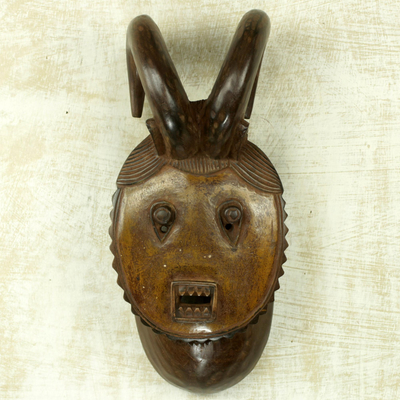 African wood mask, 'Baule Dance Trance' - Baule Festival Horn Mask for Wall Hand-Carved in Ghana