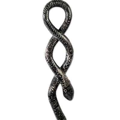 Sese wood decorative staff, 'Owo' - Snake Design Decorative African Walking Stick Carved by Hand