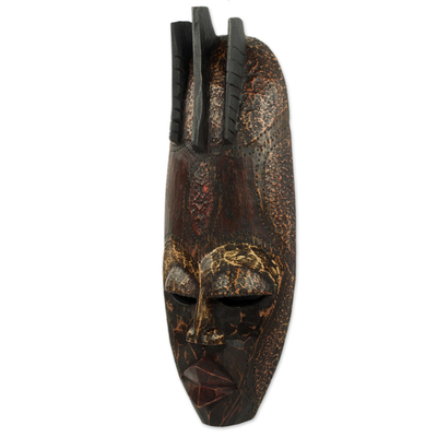 Máscara de madera africana, 'Biombo' - Máscara de pared de madera africana hecha a mano en Ghana