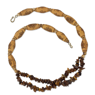 Agate and tiger's eye beaded necklace, 'Nyasafo' - Hand Crafted Gemstone and Recycled Plastic Necklace