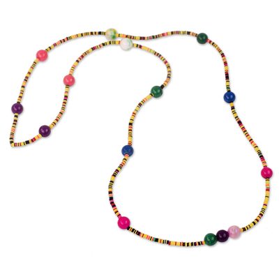 Agate and recycled plastic long beaded necklace,
