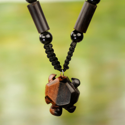 Agate and wood beaded pendant necklace, 'Tortoise' - Handmade Agate and Ebony Wood Necklace with Tortoise Pendant