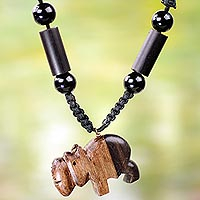 Agate and ebony wood pendant necklace, 'Happy Hippo' - Artisan Crafted Beaded Agate Necklace with Hippo Pendant