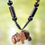 Agate and ebony wood pendant necklace, 'Happy Hippo' - Artisan Crafted Beaded Agate Necklace with Hippo Pendant