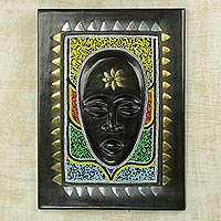 African wood wall decor, 'Ayeye' - Original African Wood Wall Art with Glass Bead Accents