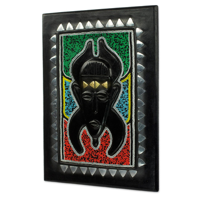 African wood wall art, 'Blessed' - Hand Crafted African Wall Plaque with Metal Accents