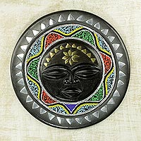 African wood wall decor, 'Nsurumaa' - Beaded African Wall Plaque with Star Motif and Metal Accents