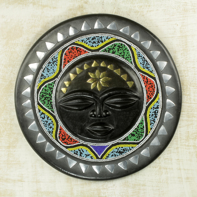 African wood wall decor, 'Nsurumaa' - Beaded African Wall Plaque with Star Motif and Metal Accents