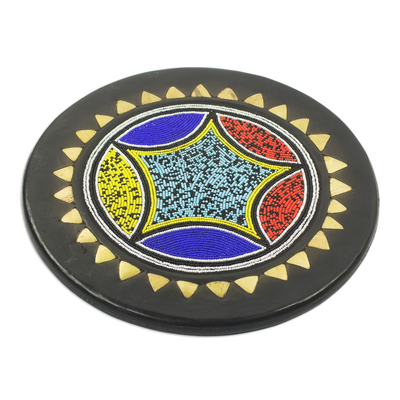 Recycled glass beaded wood decorative plate, 'Star of Accra' - African Brass Inlay Hand Beaded Decorative Wood Plate
