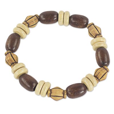 Handmade Brown Wood and Recycled Plastic Beaded Stretch Bracelet
