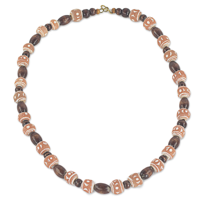 Wood and terracotta beaded necklace, 'Oheneyire' - Hand Crafted Sese Wood and Terracotta Beaded Necklace
