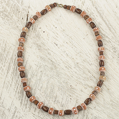 Wood and terracotta beaded necklace, 'Nkyia Nature' - Artisan Crafted Ghanaian Wood and Terracotta Beaded Necklace