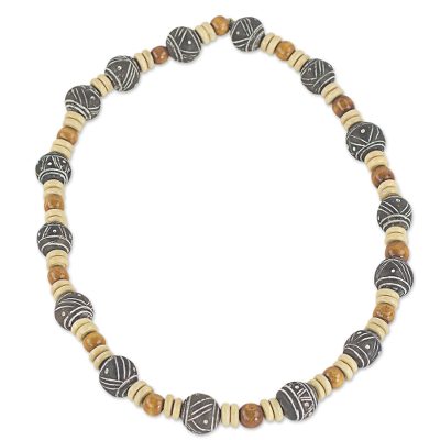 Wood and terracotta beaded necklace, 'Rustic Royal' - Artisan Crafted Rustic Beaded Necklace from West Africa
