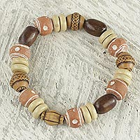 Wood beaded stretch bracelet, 'Strong' - Recycled Plastic Sese Wood Beaded Stretch Bracelet
