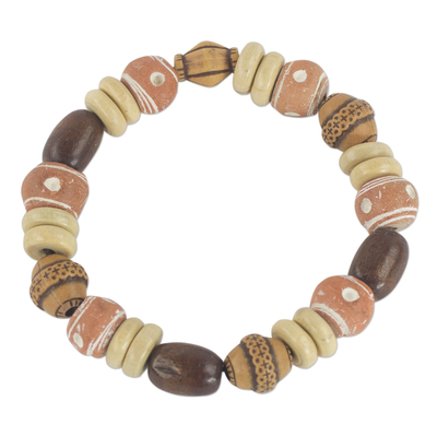 Wood beaded stretch bracelet, 'Strong' - Recycled Plastic Sese Wood Beaded Stretch Bracelet