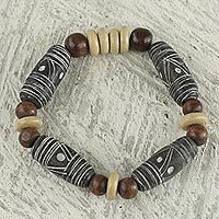 Wood and ceramic beaded bracelet, 'African Woman' - Brown Earth Tone Beaded Stretch Bracelet by Ghana Artisan