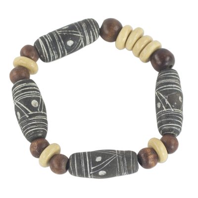 Fair Trade Black and Brown Terracotta and Wood Beaded Stretch Bracelet