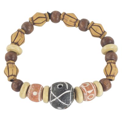 Handmade Brown Wood and Terracotta Beaded Stretch Bracelet