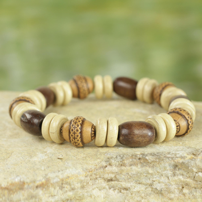 Wood and ceramic beaded bracelet, 'Feminine Beauty' - Sese Wood and Terracotta Hand Made Ghanaian Beaded Bracelet