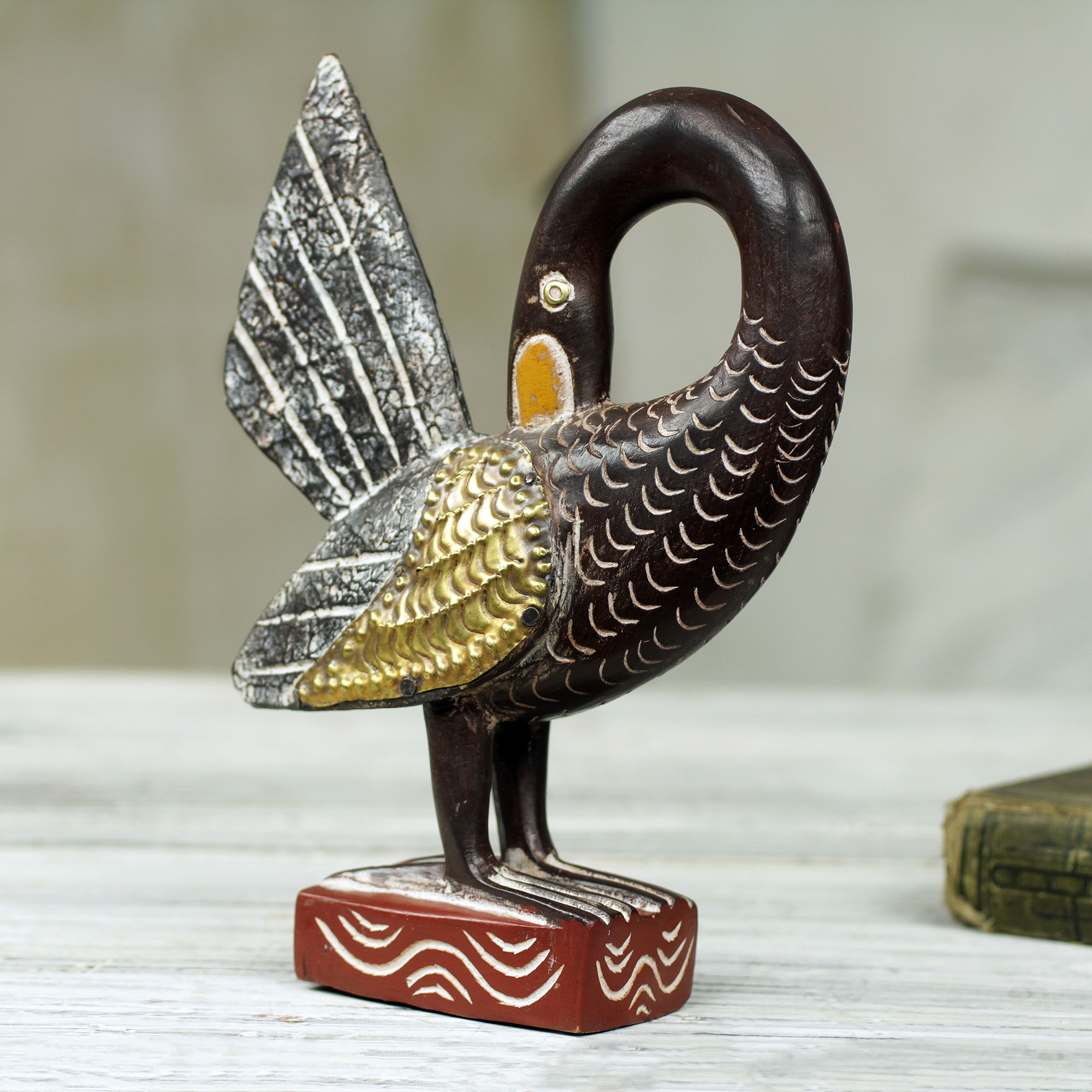Artisan Hand Carved Sankofa Wood Sculpture With Repousse Ashanti Bird Novica 