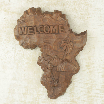 Wood welcome sign, 'Our African Continent' - Artisan Hand-Carved African Map Welcome Sign