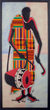 Wandkunst aus Kente-Stoff - Trommelthema, gemischte Medien, westafrikanische Volkskunstkomposition