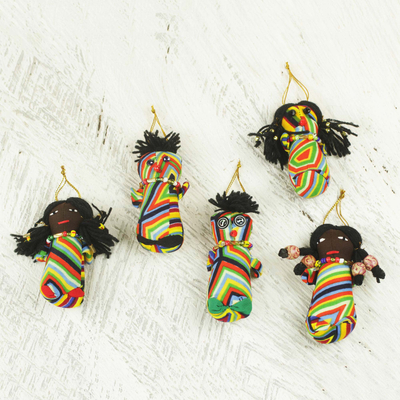 Cotton ornaments, 'Little African Princess' (set of 5) - Set of 5 Cotton Patchwork African Doll Ornaments