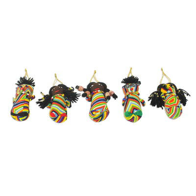 Cotton ornaments, 'Little African Princess' (set of 5) - Set of 5 Cotton Patchwork African Doll Ornaments