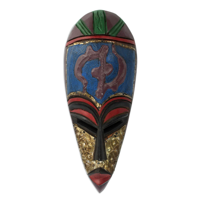 African sese wood and brass mask, 'Except for God' - Handmade African Sese Wood Brass Plate Mask Gye Nyame Ghana