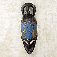 African wood mask, 'Wogali' - Parrot Motif African Wood Mask with Brass and Aluminum