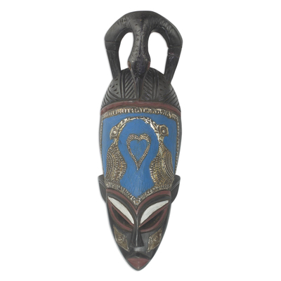 African wood mask, 'Wogali' - Parrot Motif African Wood Mask with Brass and Aluminum