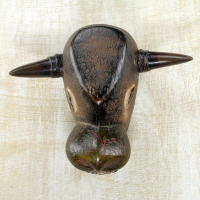 African wood mask, 'Bijagos Bull' - Guinea-Bissau Bull Theme Authentic African Mask