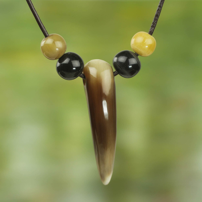 Bull horn pendant necklace, 'Horn of Strength' - Brown Black and Cream Bull Horn Pendant Necklace