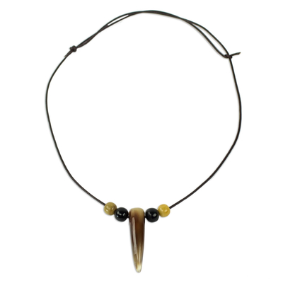 Bull horn pendant necklace, 'Horn of Strength' - Brown Black and Cream Bull Horn Pendant Necklace