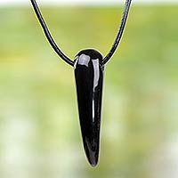 Leather and bull horn pendant necklace, 'Black Talon'