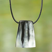 Leather and bull horn pendant necklace, 'Brave Spirit'