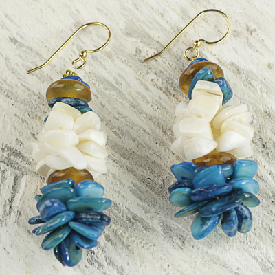 Agate cluster earrings, 'Ocean Spray' - Blue and White Agate Cluster Earrings from West Africa
