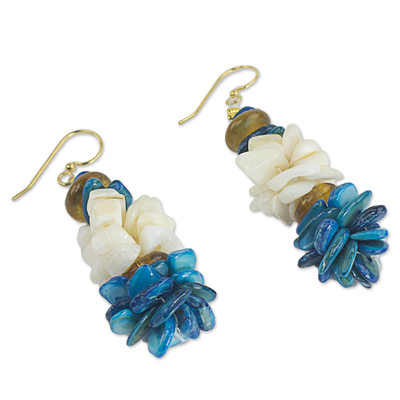 Agate cluster earrings, 'Ocean Spray' - Blue and White Agate Cluster Earrings from West Africa