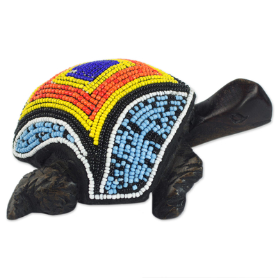 Ebony wood sculpture, 'Fancy Traveler' - Hand Carved African Ebony and Recycled Glass Beaded Tortoise