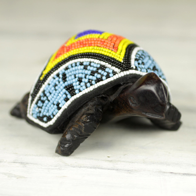 Ebony wood sculpture, 'Fancy Traveler' - Hand Carved African Ebony and Recycled Glass Beaded Tortoise