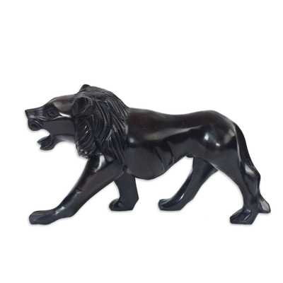 Ebony wood sculpture, 'Lion Prowl' - Mighty African Lion Hand Carved Ebony Wood Sculpture